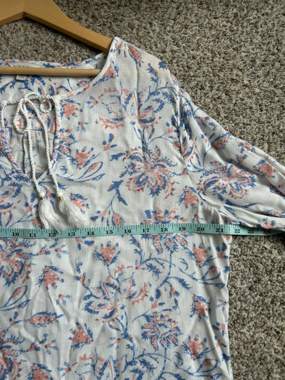 Lucky Brand White Floral Tie-Front Peasant Blouse Floral Boho Bohemian Large